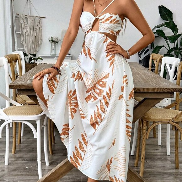 Multicolor Boho Women's Tropical Hollow Out Backless Halter Maxi Beach Dress - Picture 3 of 5